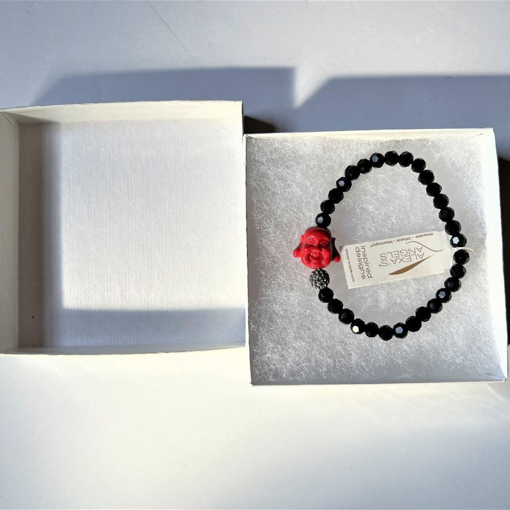 NWT Alexa's Angels Laughing Buddha w/Faceted Black Beads Stretch Bracelet - Picture 5 of 8